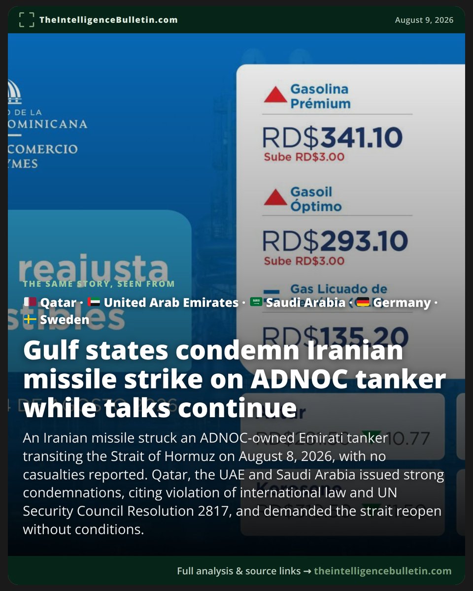 IntellBulletin's tweet photo. One outlet embedded the Hormuz tanker strike in active negotiations; every Gulf source treated it as a violation requiring an immediate Iranian halt. #Hormuz https://t.co/8xCbQnt6GP