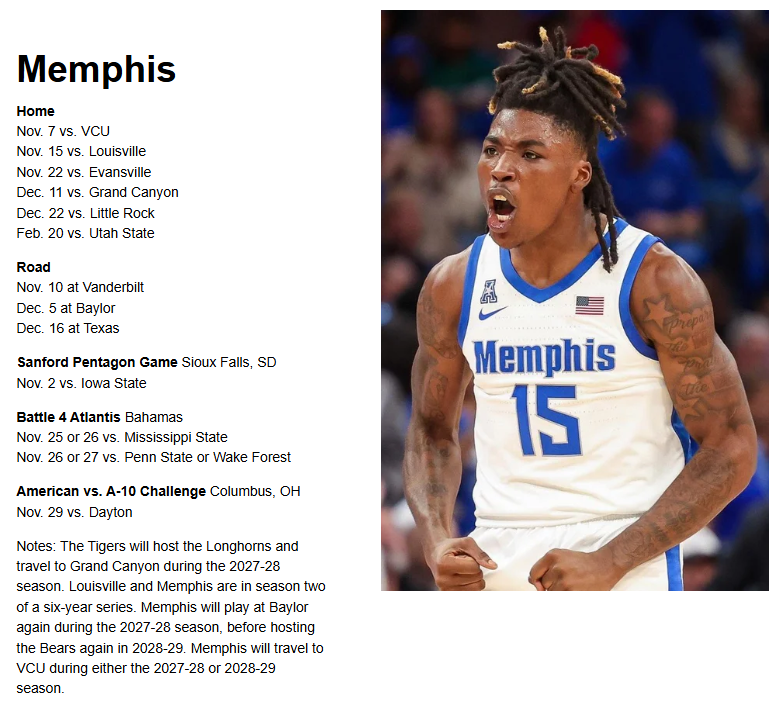 RoccoMiller8's tweet photo. Sources: Memphis will host Little Rock as part of its 2026-27 non-conference schedule. Date is set for Tuesday, December 22nd. 

Tigers have one spot remaining.   

Overview:  

#TheAmerican https://t.co/Kk4DTAImhL