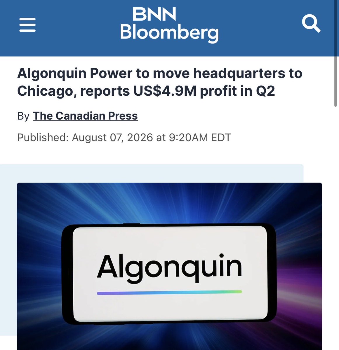mario4thenorth's tweet photo. BREAKING: Algonquin Power, a publicly traded, $6 billion market cap, Ontario utility company is moving its headquarters out of Canada, to Chicago.

They’ve been based out of Oakville since 1988. 

Their reasons: 

-lower US taxes 
- better access to US capital
- eligibility for US investment funds Canada can’t offer

Carney knows a thing or two about why a publicly traded company would want to relocate their HQ to the US.