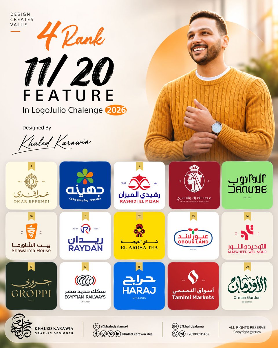 khaledsalama4's tweet photo. الحمد لله علي التمام الحمد لله علي فصله وكرمه ❤️🌸

هذا المشروع ثمرة شهر كامل من التحدي والالتزام اليومي في تصميم الشعارات، وأفتخر إني قدرت أوصل بـ11 لوجو للمرحلة المميزة والمركز الرابع هذا العام.

#logojulio_2026
#branding #brandidentity #visualidentity #logodesign #branddesigne https://t.co/iBL7FWMagO