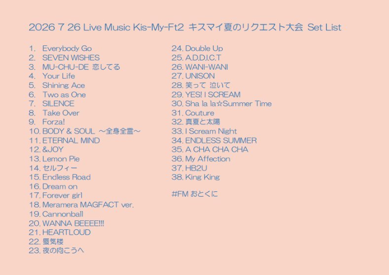 FMOTOKUNI_LM's tweet photo. ライブミュージック『#KisMyFt2 🛼デビュー日前日祭🎉 #キスマイ夏のリクエスト大会 Vol.2』朝の部お聴きいただきありがとうございました🍉
本日20時30分〜夜の部16-35
22時〜 #PLAYZONE 🕺2026.6.17
23時30分〜夜の部完全版🌊
25時53分〜 #朝までキスマイ 🛼💤
2026.7.26 キスマイ夏のリクエスト大会 Vol.1🏖️
もお楽しみに🌴
#FMおとくに