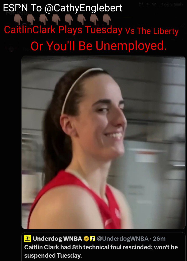 MrSpiritsRaven's tweet photo. The #WNBA has #Rescinded #CaitlinClarks Eighth #TechnicalFoul of the season, which she received after accidentally bumping into a referee during the Indiana Fever's 90-86 win over the Chicago Sky.
Because the League Overturned The Call, Caitlin will not face a one-game suspension.
Details of the Incident and Ruling The Play: During the third quarter, Clark was bumped by Chicago's Natasha Cloud along the baseline, sending her out of bounds and stumbling into a nearby official.
The Call: The Referee assessed Clark a TechnicalFoul, believing the Contact Was An Intentional Forearm Shove, though head coach Stephanie White & Clark insisted it was purely incidental momentum.
The Appeal: The #IndianaFever immediately APPEALED THE DECISION after the game.
The Result: The WNBA Reviewed The Play and OFFICIALLY Rescinded the TECHNICAL FOUL, meaning Clark's TECHNICAL count stays at seven.
She is clear to play in the upcoming game against the New York Liberty.