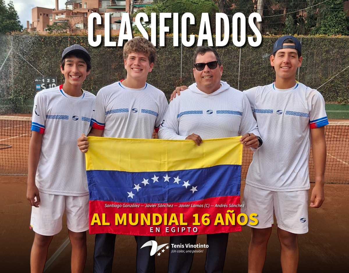 TenisVinotinto's tweet photo. 📜🎾🇻🇪 Histórica clasificación de Venezuela al Mundial 16 años

El equipo masculino, con Santiago González, Andrés Sánchez y Javier Sánchez como protagonistas y el capitán Javier Lamas, venció a Argentina en semifinales del #Sudamericano16 años

#TenisVinotinto
#JuegoSetVinotinto https://t.co/YuFTyhW7PG