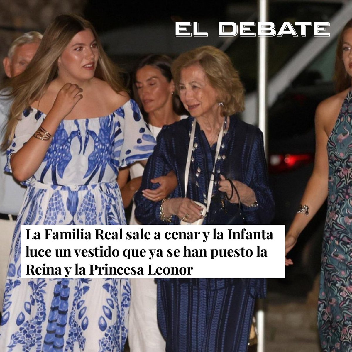 eldebate_com's tweet photo. La Familia Real sale a cenar y la Infanta luce un vestido que ya se han puesto la Reina y la Princesa Leonor

La Infanta Sofía acudió con el mismo vestido que lució su hermana, la Princesa Leonor, en la recepción del verano pasado, y su madre, en la de 2023 https://t.co/uf8aoqOKlX