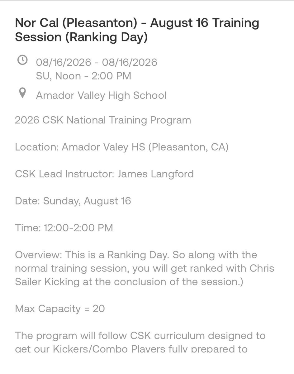 JohnnyMactzul's tweet photo. Honored and excited to be attending the NorCal (Pleasanton) Training Session & Ranking Day on August 16th! I’m looking forward to competing, putting my skills to the test, and earning my official ranking.

Can’t wait to get out there, compete, and continue improving! 💪🏽‼️

@CoachChavis07 @legendskicking @CSAPrepStar @Chris_Sailer @ThePuntFactory