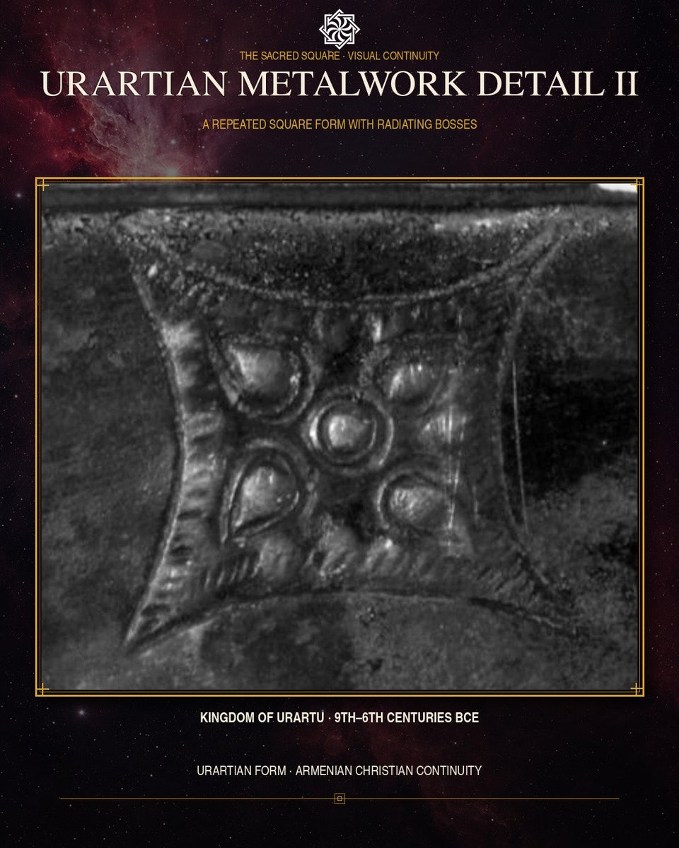 PeopleOfAr's tweet photo. This does not prove an unchanged symbol survived from Urartu. But it does suggest how a four-sided sacred form remained part of the region’s visual memory, repeatedly reinterpreted within Armenian culture.
#Urartu #ArmenianArt #HolyEtchmiadzin #VisualContinuity https://t.co/TppbI67gY7