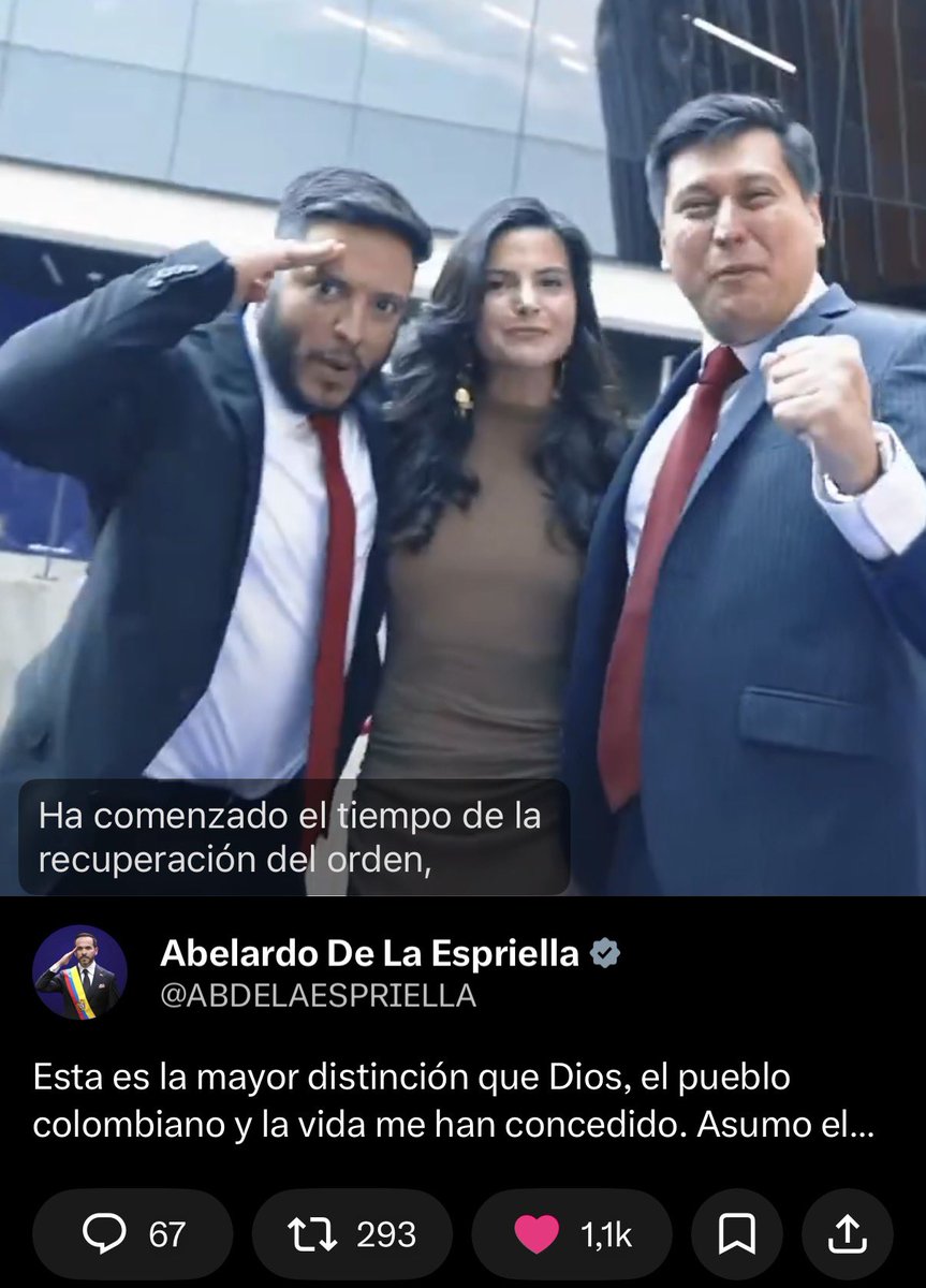 eduardomenoni's tweet photo. Estamos 100% firmes por la patria 🫡🇻🇪🇨🇴 Gracias presidente @ABDELAESPRIELLA por colocarnos al incio en su video inaugural de la presidencia, junto a @Alejoberme0 y @ValentinaForUSA. Estamos contigo Abelardo y te apoyaré al 100%.

Viva la derecha patriota y viva Cristo rey. 🙏 https://t.co/CNifEkIwZC