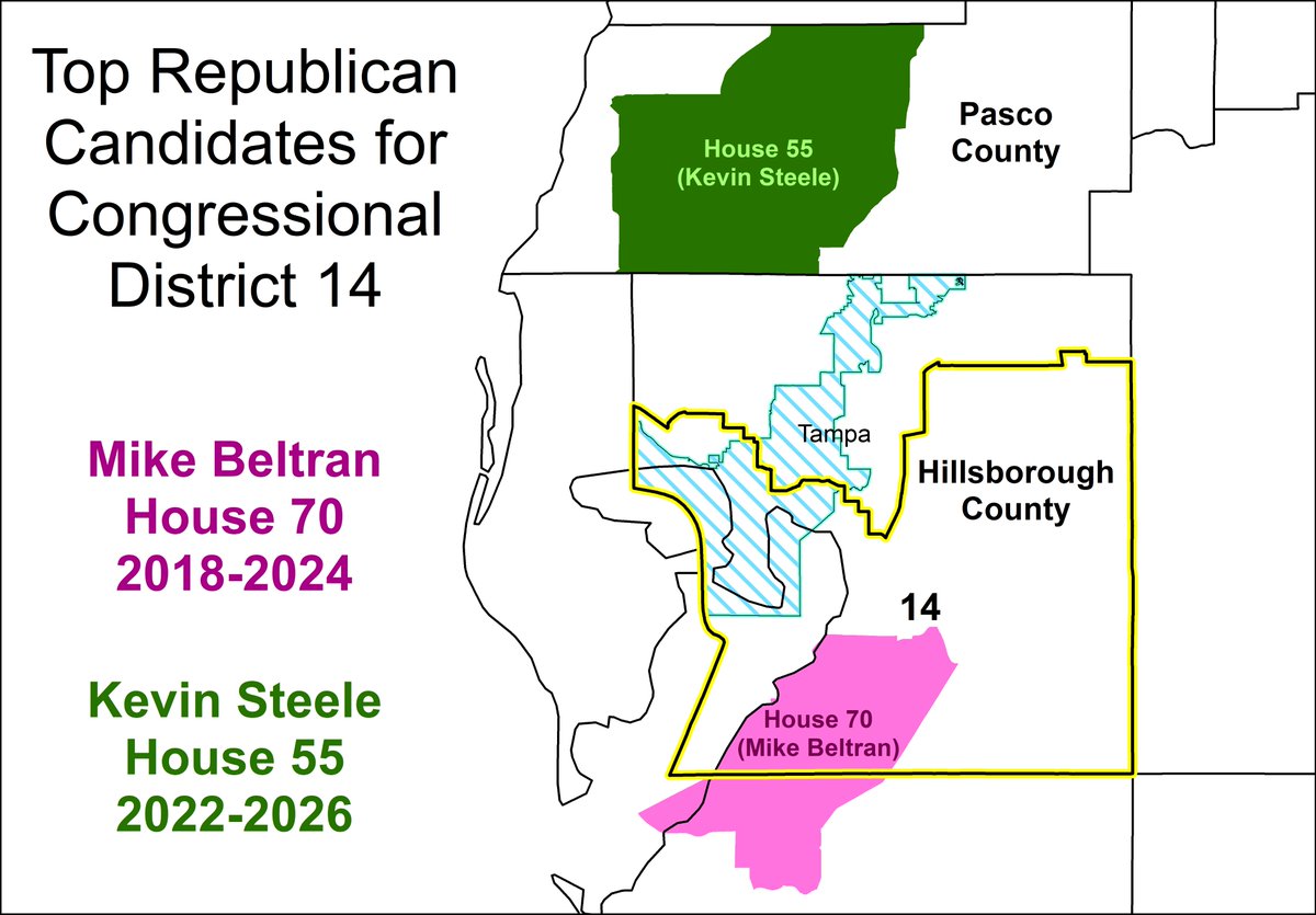 MappingFL's tweet photo. There are several Republicans running for the newly-drawn #FL14, which is Trump +10 but DEM incumbent Kathy Castor is going to try and hold
By far the two GOP frontrunners are State Reps Mike Beltran and Kevin Steele. However, Steele notably comes from outside the seat #flapol https://t.co/q4DTr2IHFE