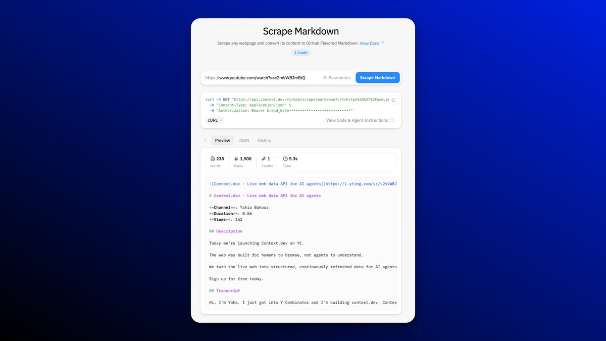 mynameisyahia's tweet photo. NEW: YouTube videos -> clean, structured Markdown in seconds via API

No credit multiplier, it really just works https://t.co/bwbtEnokrj