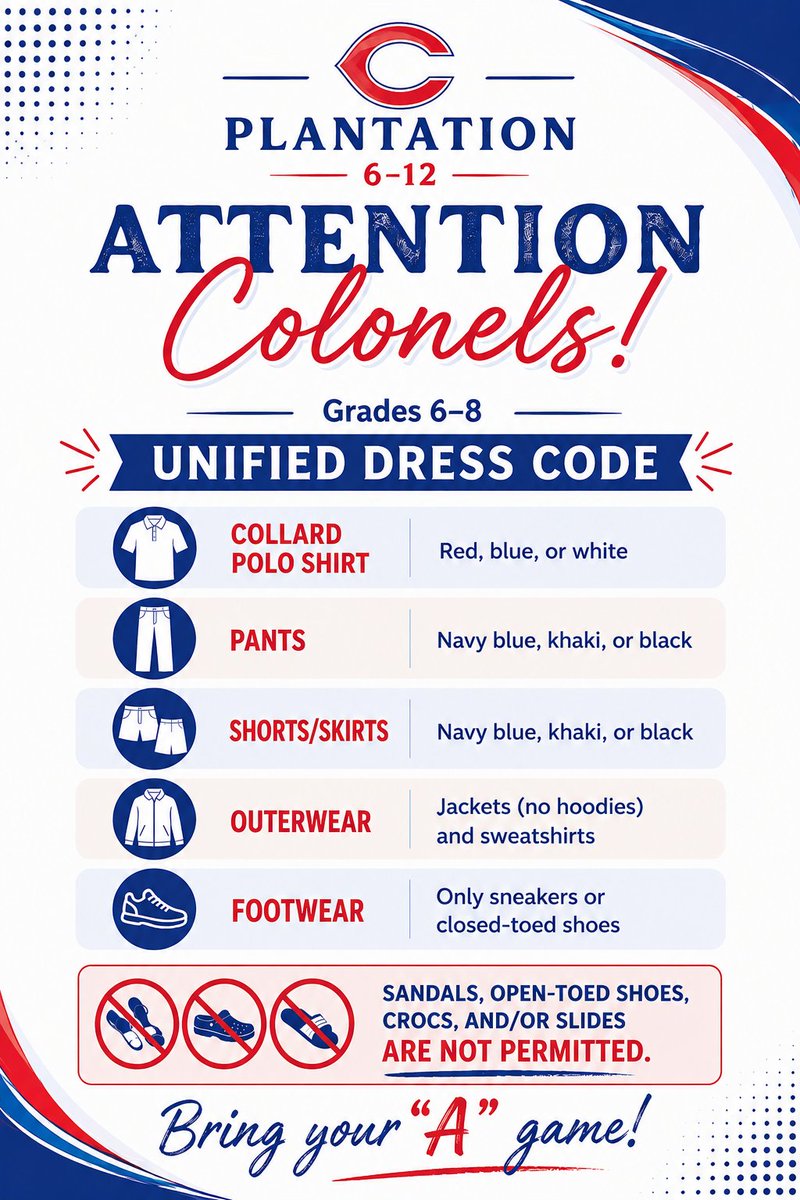 P612_Colonels's tweet photo. Middle school Parents/Guardians: A reminder that our Colonels in Grades 6-8 are required to be in uniform starting Monday, August 10! https://t.co/lji88EtioQ
