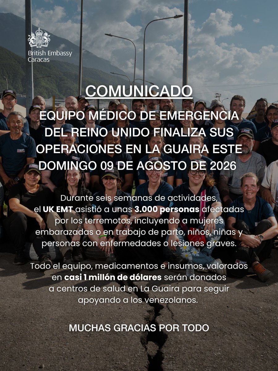 ElNacionalWeb's tweet photo. El Equipo Médico de Emergencias de Reino Unido 🇬🇧 (UK EMT) culminará este domingo su misión en Venezuela 🇻🇪 tras atender a 3.000 personas afectadas por el doble terremoto del pasado 24 de junio, informó este sábado la Embajada británica en Caracas.

"Todo el equipamiento, los medicamentos y los insumos médicos que el Reino Unido trajo a Venezuela serán donados a centros de salud locales, contribuyendo a garantizar la atención a pacientes durante mucho tiempo", explicó la embajada de Reino Unido.

Igualmente, en el comunicado se señaló que la donación, valorada en casi un millón de dólares, incluye "suficientes medicamentos para atender a 10.000 personas durante tres meses".

🔗 Lea más en https://t.co/Ol4sg3HgUq