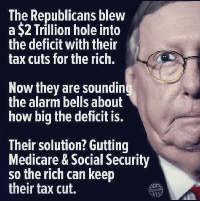 MARIELinBOSTON's tweet photo. Republicans are gutting Medicare & Social Security so the rich can keep their $2 Trillion tax cut!
#HealthcareIsAHumanRight #HandsOffSS #VoteBlue
#SaveMedicare #VoteBlueInTheMidterm #BlueWave26 https://t.co/HNsqiQfoeV
