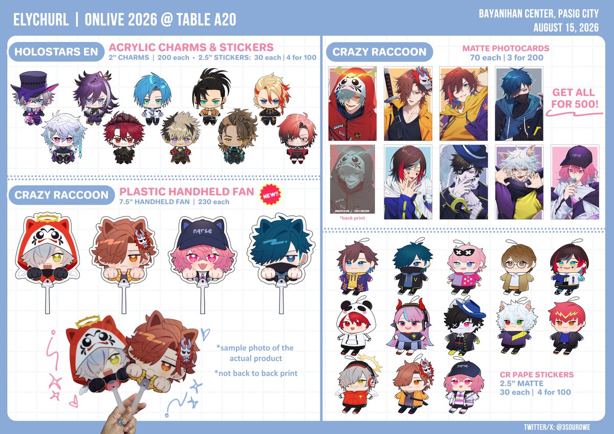 3soUr0we's tweet photo. RTs are appreciated! 💙

Hello!! here's my merch catalogue for #OnLivePH ^w^📍We're at A20! w/ @/cloudrabbit

⭐️Nijisanji, Holostars, CR

⏱️ reservations open until Aug 14  

Feel free to drop by! ^w^   
See you!! ✨

#OnLivePH2026 https://t.co/HZlDyQ5I4K