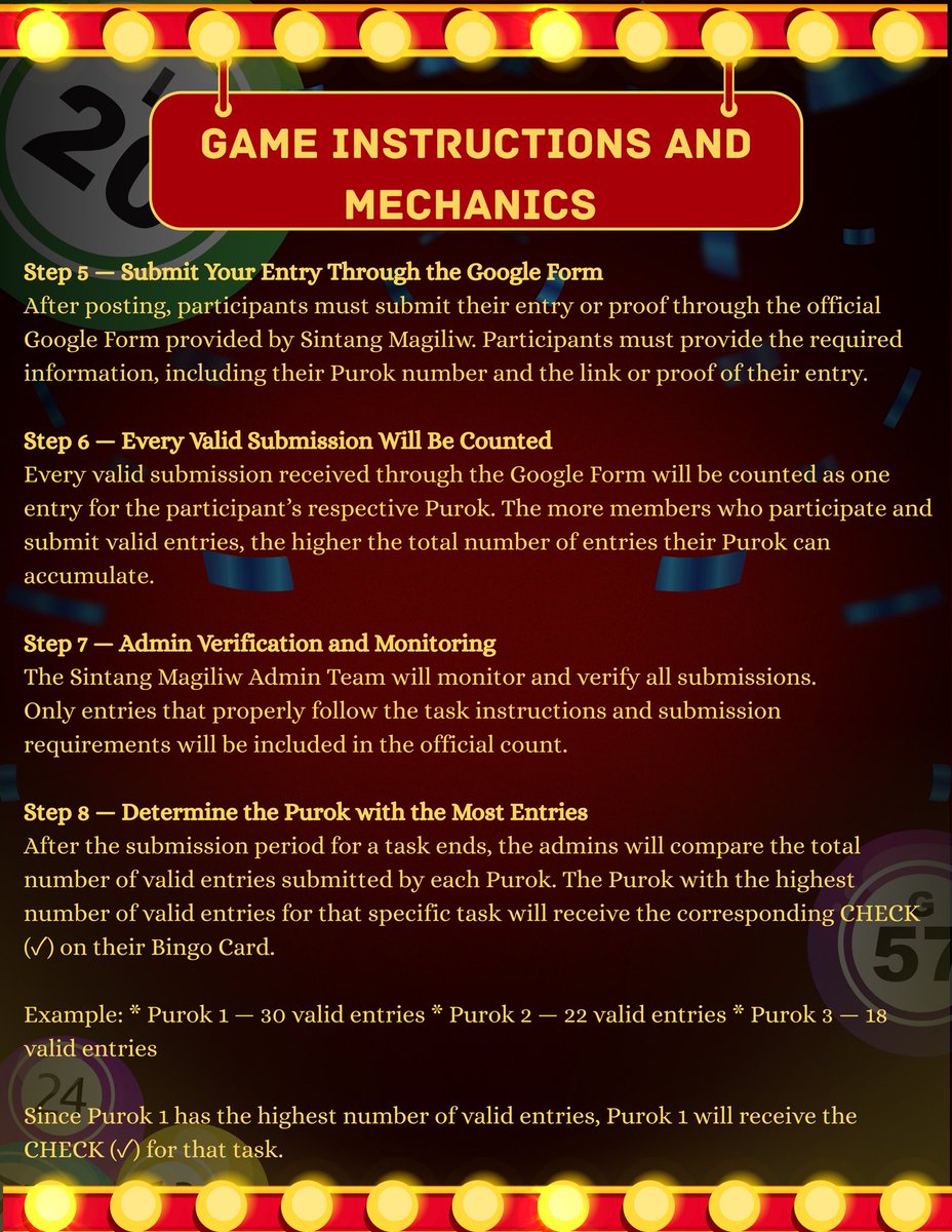 SintangMagiliw_'s tweet photo. Purok 1–9, maghanda na! 

It’s time to compete, complete the tasks, and be the first Purok to shout BINGO! 🏆

Check out the Instructions &amp; Mechanics below and make sure you know how to play!

Who will be the first Purok to BINGO? 👀

#SMBingoFest https://t.co/i7gmjrfQqf