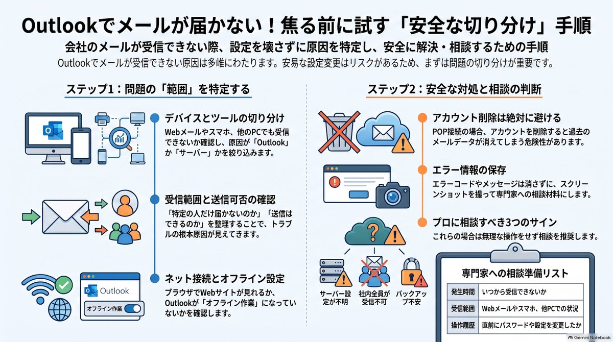 aporon7's tweet photo. Outlookで会社のメールが受信できないとき、原因はOutlookだけとは限りません。

・インターネット接続
・メールボックスの容量
・パスワード
・受信サーバーの設定
・メールサーバー側の問題
など、確認したいポイントをまとめました。

#Outlook #メールトラブル #中小企業 #ITサポート #茨城県 https://t.co/tGnpumpw0x