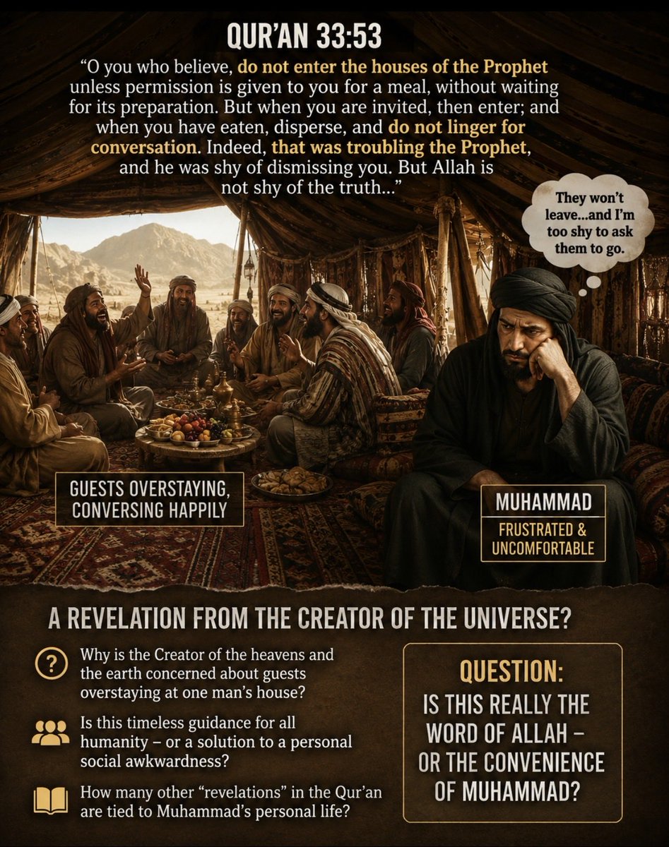 JustisabelOz's tweet photo. As for the concubine argument, that’s precisely the problem! 

It’s one of those convenient reactive revelations again isn’t it? Muhammad receives a very conveniently timed revelation in 66:1 telling him not to forbid for himself what Allah had made lawful, after upsetting his wives. 

It’s not the first time we see convenient revelation .. 

Mohamed apparantly received convenient revelation from the almighty creator of the universe that people should not invite themselves over and should leave his house after they eat and not hang around for conversation!!!!