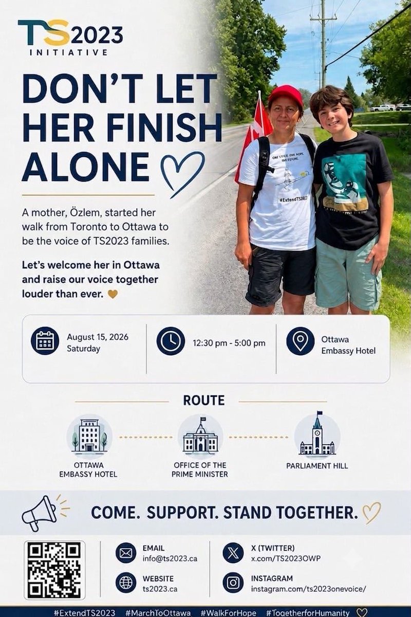 MadisonFerrn's tweet photo. Healing takes time. Rebuilding takes time. 3 years was never going to be enough.
Turkish citizens paid taxes, helped our communities, and made Canada home. Özlem is walking to Ottawa for them. Come support her! 🍁
#ExtendTS2023 #MarchToOttawa https://t.co/Y7PGx1PZza