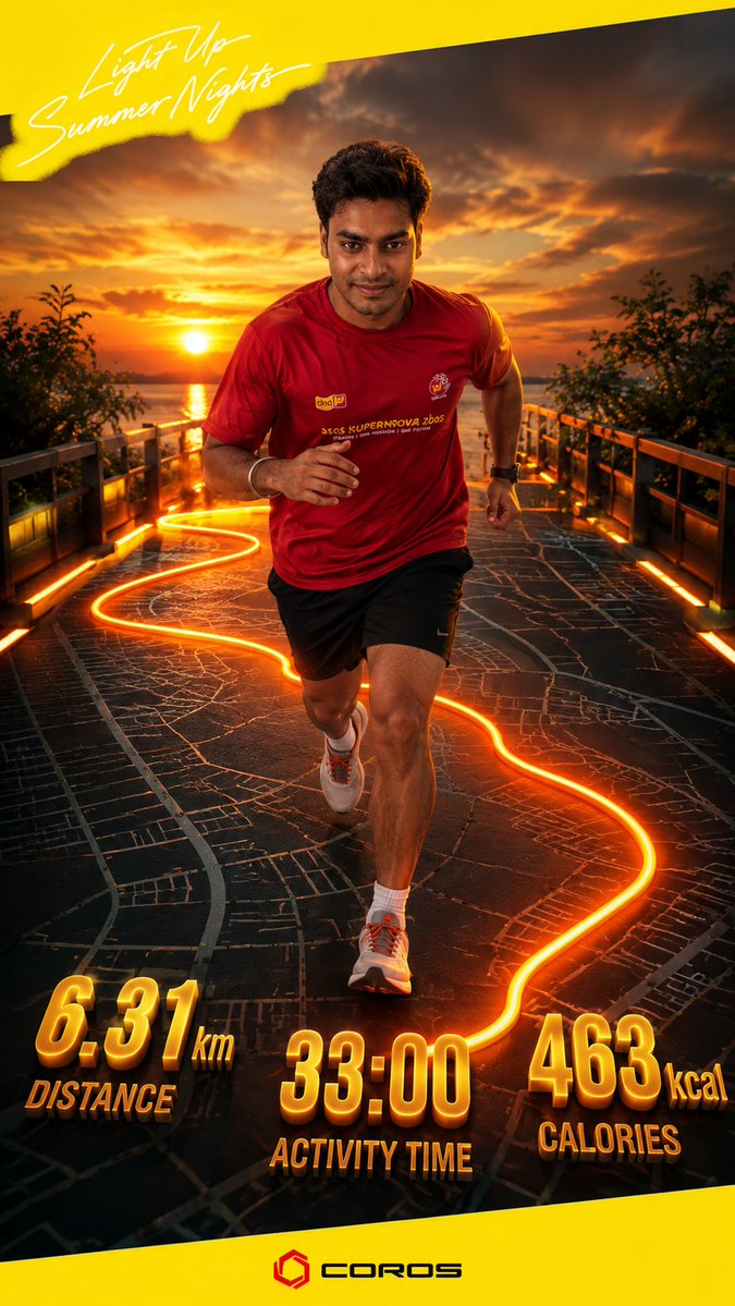 Shaktisingh_Vns's tweet photo. 6.31 KM | 33:00 | 463 KCAL
Every step is a challenge. Every finish is a victory. 💪⚡
Light Up Summer Nights 🌟
Run your route. Own your challenge. 🧡
#COROS #Running #RunChallenge #Runner #Fitness #RunningMotivation #LightUpSummerNights https://t.co/NdoGt5Zzno