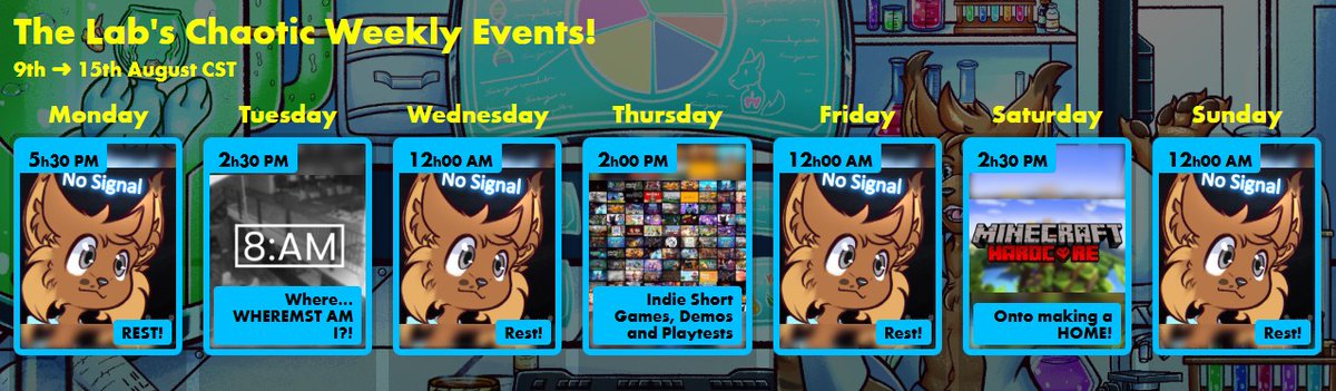 Heckin_the_Bry's tweet photo. ✨The Lab's Chaotic Weekly Events!✨

📅Starting from the 9th ➜ 15th of August CST!

🧪Tuesday: 8AM!
🧪Thursday: Indie Short Games, Demos &amp; Playtests!
🧪Saturday: Hardcore Minecraft! (Will we find iron??) https://t.co/8zdrvkKwqc