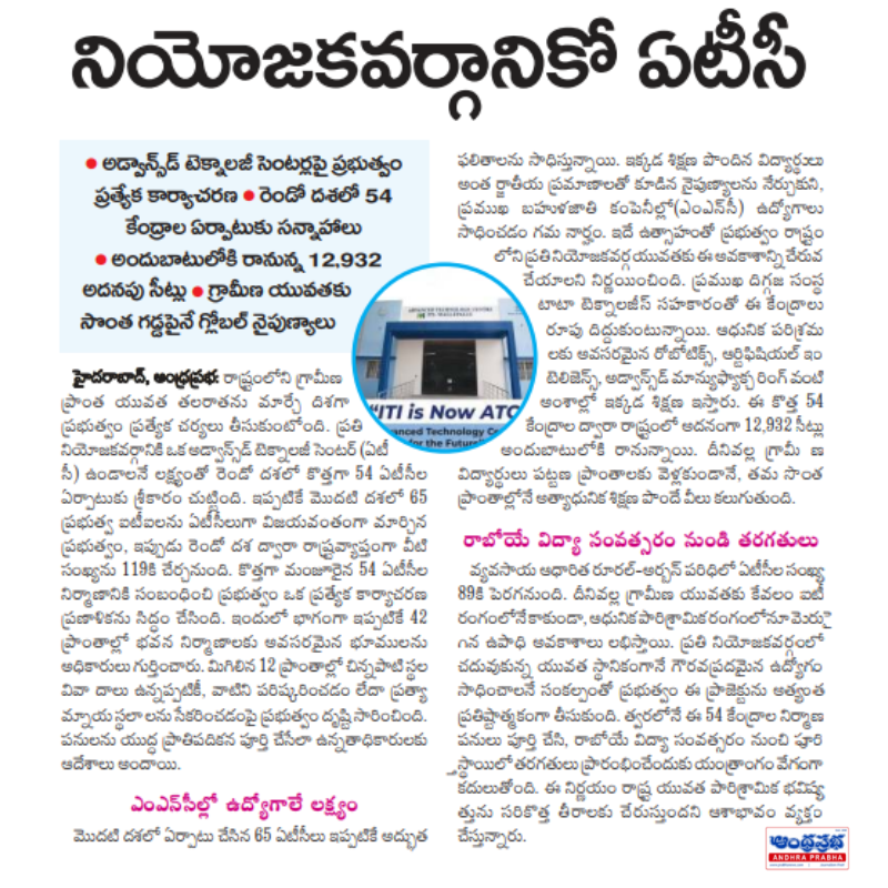 andhraprabha_'s tweet photo. https://t.co/0uZjbdvc4C | ఆంధ్రప్రభ
ప్రతి నియోజకవర్గానికి ఏటీసీ.. రెండో దశలో 54 అడ్వాన్స్డ్ టెక్నాలజీ సెంటర్ల ఏర్పాటు
#Telangana #AdvancedTechnologyCenters #ATC #ITI #SkillDevelopment #YouthSkills #TechnicalEducation #RuralYouth #SkillTraining #Technology #ArtificialIntelligence #Robotics #AdvancedManufacturing #TataTechnologies #Employment #Education #TelanganaGovernment #Hyderabad #GlobalSkills #YouthEmployment
