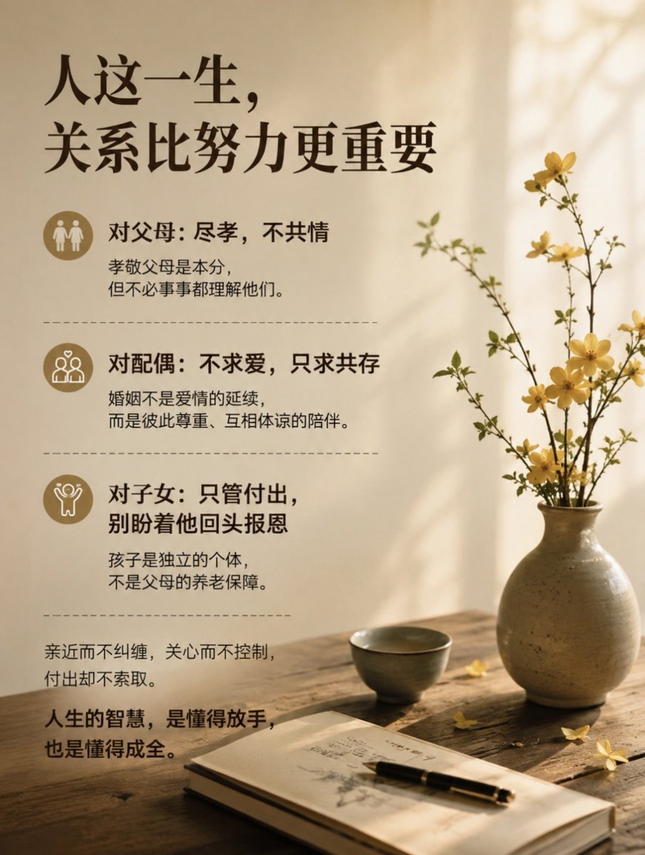 yibingsg's tweet photo. 人到了一定年纪才会明白，真正高级的家庭关系，不是把所有人的人生都扛在自己肩上，而是懂得边界，也懂得放手！

对父母，尽自己的孝心就好，不必事事都要求彼此完全理解。父母有父母的经历，我们也有自己的生活。能陪伴的时候多陪伴，能尽力的时候尽力，但不必因为无法改变的事情反复自责。

对伴侣，婚姻也不是永远轰轰烈烈的爱情故事。两个人能够彼此尊重、互相体谅，在漫长的日子里把柴米油盐过好，把困难一起扛过去，本身就是一种难得的缘分。

对子女，更不要把付出变成一张等待兑现的“账单”。孩子是我们陪他走一程的人，而不是用来偿还父母付出的工具。养育孩子，最重要的不是盼着他将来回报多少，而是希望他有能力独立，有自己的生活，也有选择人生的勇气。

其实，人与人之间最舒服的关系，就是亲近而不纠缠，关心而不控制，付出却不索取。

父母有他们的人生，伴侣有自己的思想，孩子也终究会走向远方。

我们能真正负责的，始终只有自己的人生。

少一点操心，多一点尊重；少一点控制，多一点成全。

人生这盘棋，真正的智慧从来不是把每一步都算得清清楚楚，而是知道什么时候该努力，什么时候该放手，什么时候该沉默。

把该尽的责任尽好，把该给的爱给足，然后允许每个人走自己的路。

这或许才是一个成年人最难得的清醒。