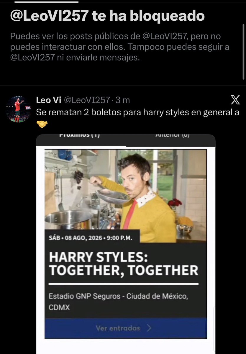 ViAHarryEnMx's tweet photo. ‼️ALERTA DE ESTAFA‼️

LA CUENTA:

@LeoVI257 ESTÁ ESTAFANDO CON BOLETOS DE HARRY STYLES EN MÉXICO

NO TIENE BOLETO.
YA ESTÁ REPORTADAS LA CUENTAS

NO CAIGAN https://t.co/cH8uMGEsrw