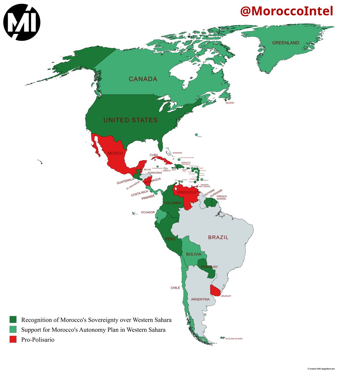 MoroccoIntel's tweet photo. 🇲🇦🇩🇿| Position diplomatique sur le conflit du Sahara Occidental dans les Amériques 🌎

Autrefois bastion du Polisario, le Maroc 🇲🇦 a réussi à retourner la situation en Amérique latine, et renvoyer le Polisario et l'Algérie 🇩🇿 aux oubliettes, avec une série de retraits de reconnaissance de la pseudo "RASD" et en engrangeant un nombre croissant de reconnaissance de la marocanité du Sahara. 

Un basculement qui découle naturellement de la déliquescence et du démantèlement en cours de l’extrême gauche latino-américaine. 

L'approche audacieuse de l'administrations Trump 🇺🇸, en particulier par le secrétaire d'État Marco Rubio, confrontant directement les régimes communistes ☭ à Cuba 🇨🇺, au Vénézuela 🇻🇪 et au Nicaragua 🇳🇮, pourrait bien porter le coup final pour achever ces 3 soutiens activistes du Polisario dans les Amériques.

Reconnaissance de la souveraineté du Maroc 🇲🇦 sur le Sahara Occidental (15)
USA 🇺🇸, Colombie 🇨🇴, Pérou 🇵🇪, Salvador 🇸🇻, République dominicaine 🇩🇴, Haïti 🇭🇹, Guatemala 🇬🇹, Paraguay 🇵🇾, Suriname 🇸🇷, Dominique 🇩🇲, Grenade 🇬🇩, Saint-Vincent-et-les-Grenadines 🇻🇨, Saint-Kitts-et-Nevis 🇰🇳, Sainte-Lucie 🇱🇨, Antigua-et-Barbuda 🇦🇬.

Soutien au plan d'autonomie du Maroc 🇲🇦 au Sahara Occidental (7)
Canada 🇨🇦, Bolivie 🇧🇴, Chili 🇨🇱, Équateur 🇪🇨, Panama 🇵🇦, Costa Rica 🇨🇷, Barbade 🇧🇧.

Neutre (6)
Brésil 🇧🇷, Argentine 🇦🇷, Guyana 🇬🇾, Jamaïque 🇯🇲, Bahamas 🇧🇸, Honduras 🇭🇳.

Pro-Polisario 🇩🇿 (7)
Cuba 🇨🇺, Venezuela 🇻🇪, Trinidad 🇹🇹, Belize 🇧🇿, Nicaragua🇳🇮, Mexique🇲🇽, Uruguay 🇺🇾.