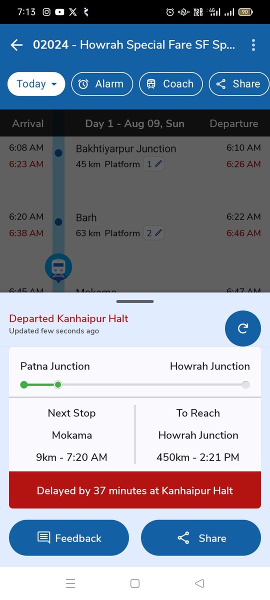 SaqiImtiyaz's tweet photo. @RailMinIndia @AshwiniVaishnaw @ECRlyHQ @drmdnr @narendramodi
02024 "Howrah SF" delayed by 37 mins at Kanhaipur.
SF name, local speed.
Does public time have no value?
Run trains on time first.
#IndianRailways #TrainDelay #bihar https://t.co/QuPEs5BUXO