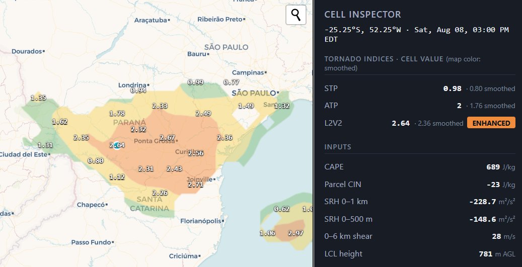 satswc's tweet photo. Yet another highly active tornado day in Brazil, this time in Paraná, with our L2V2 index once again providing a spatially accurate forecast for confirmed tornadoes. Catch these forecasts and more at https://t.co/RgqtdfVYTG / https://t.co/IVjHglmWIb https://t.co/REC0Ym1dJl