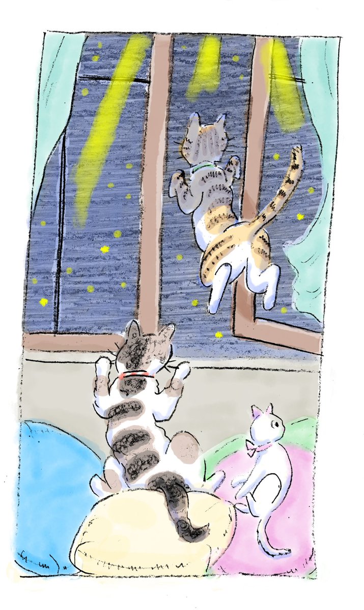 ttnorihiro's tweet photo. くろ🐈‍⬛を探して外へ向かう３匹。左は完成版で、右は描き直す途中の絵。茶トラの性格だと初めに飛び出しそう、と変更。それぞれ性格の設定があるのです。本屋ルヌガンガ『スターニャン ほしねこくろのおはなし』原画展、開催中です。8/10まで https://t.co/xwV9SreXPl