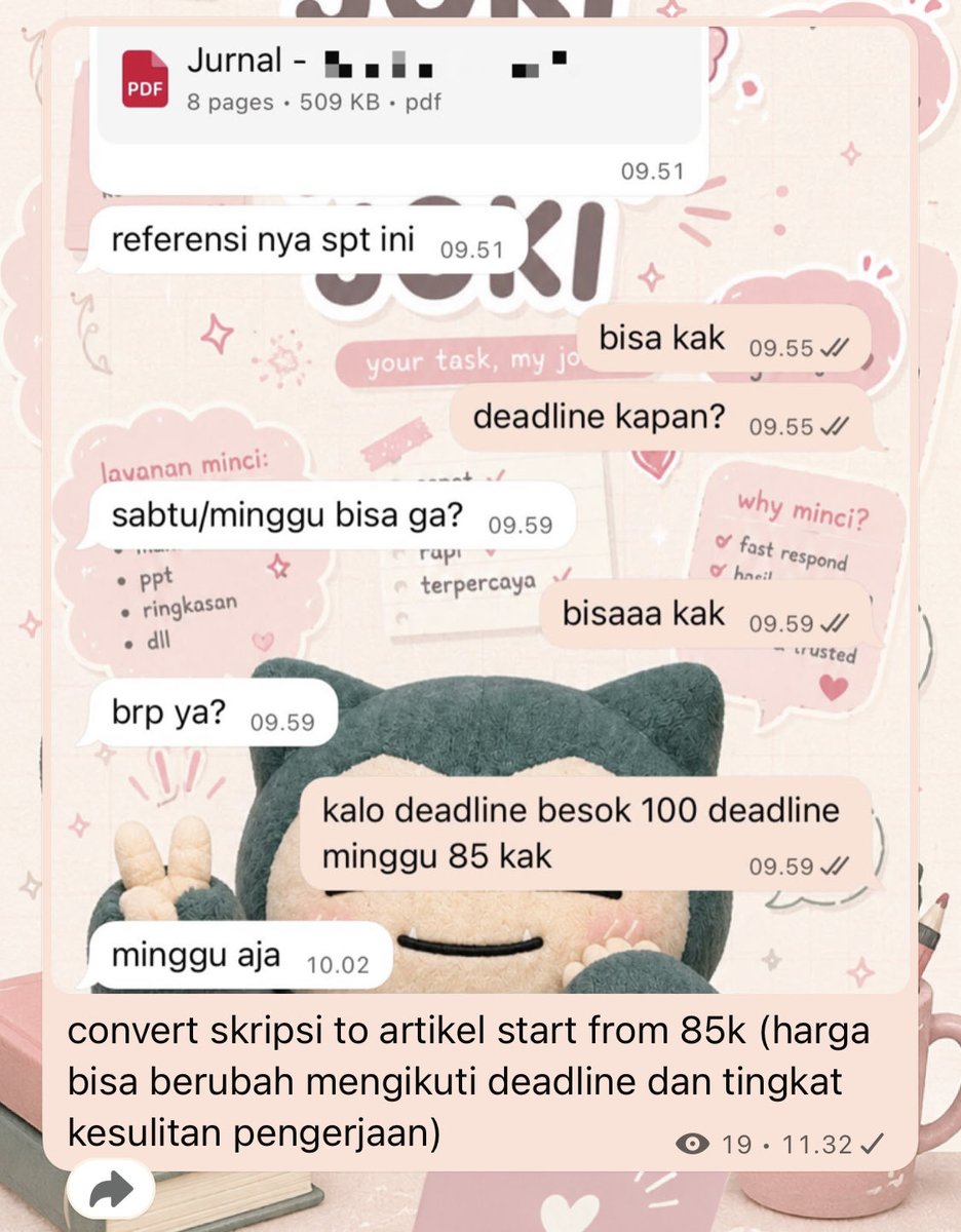 mincijoki's tweet photo. wts open joki makalah, proposal, laporan, ppt, artikel, jurnal, skripsi, cek turnitin, parafrase 
fast • rapi • on time ✿ https://t.co/2OJQiglbej dm untuk tanya atau order.
#wts #wtb #zonajajan #zonauang #jokiskripsi https://t.co/1jveR872ng