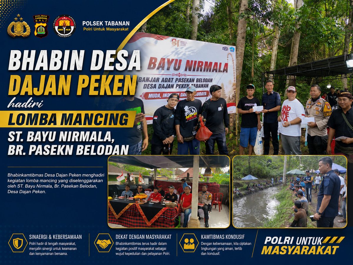 Polsek_tabanan's tweet photo. Dalam rangka mempererat hubungan dengan masyarakat serta menjaga situasi keamanan dan ketertiban masyarakat (kamtibmas) tetap aman dan kondusif, Bhabinkamtibmas Desa Dajan Peken menghadiri kegiatan lomba mancing yang diselenggarakan oleh ST. Bayu Nirmala, Br. Pasekan Belodan https://t.co/kbcWfU4qpW
