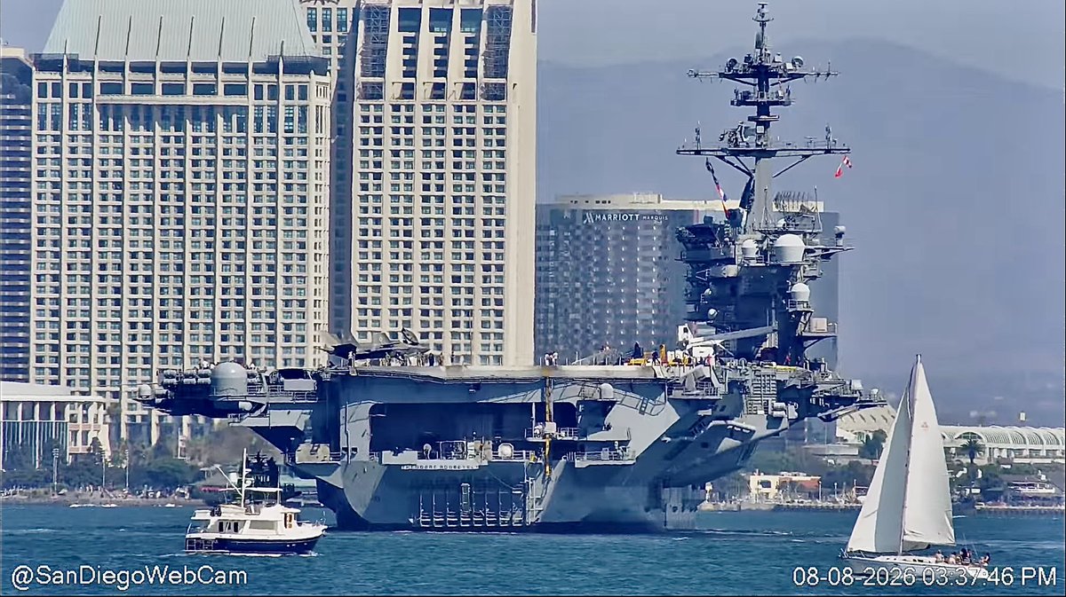 WarshipCam's tweet photo. USS Theodore Roosevelt (CVN 71) Nimitz-class aircraft carrier coming into San Diego after a Friends &amp; Family cruise - August 8, 2026    SRC: YT- SanDiegoWebcam https://t.co/BkKyqa9AjS