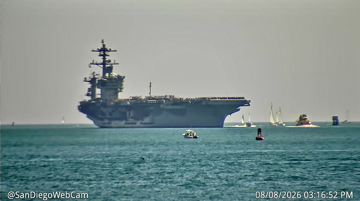 WarshipCam's tweet photo. USS Theodore Roosevelt (CVN 71) Nimitz-class aircraft carrier coming into San Diego after a Friends &amp; Family cruise - August 8, 2026    SRC: YT- SanDiegoWebcam https://t.co/BkKyqa9AjS