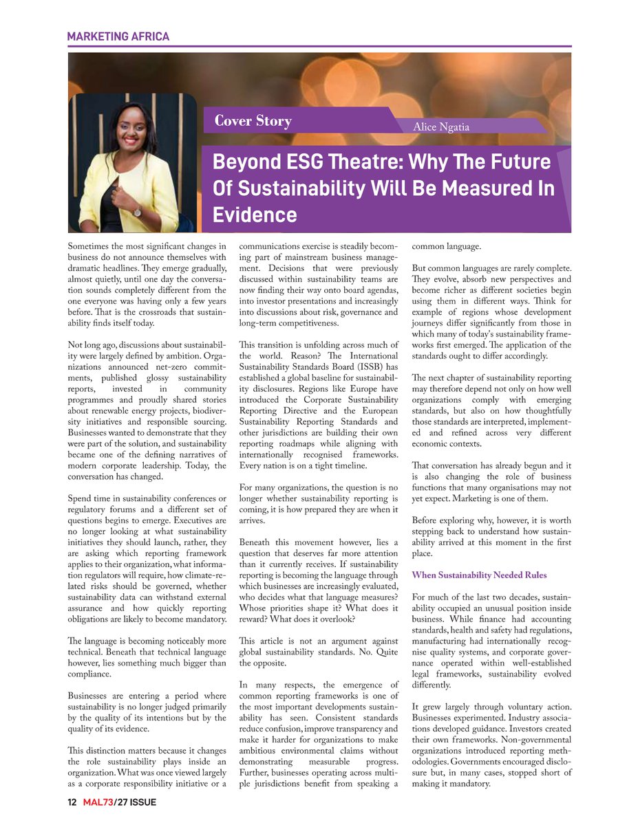 AliceNgatia's tweet photo. When the brief arrived to write a 5,000+ words cover story for Marketing Africa, I knew I was in trouble. 😅

Today, the cover story is out.

It's a deep dive into how sustainability reporting is changing and why I believe the real shift is about governance, evidence and trust. https://t.co/hhkyCz7i03