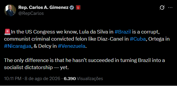 areamilitarof's tweet photo. O Deputado republicano pela Flórida, Carlos A. Gimenez, voltou a alertar o Brasil sobre os crimes cometidos pelo presidente Lula e destacou que ele "AINDA" não conseguiu implantar uma ditadura socialista.
 
Nas palavras de Gimezes, "No Congresso dos EUA, sabemos que Lula da Silva no Brasil é um criminoso comunista corrupto e condenado, assim como Díaz-Canel em Cuba, Ortega na Nicarágua e Delcy na Venezuela. A única diferença é que ele ainda não conseguiu transformar o Brasil numa ditadura socialista, ainda".