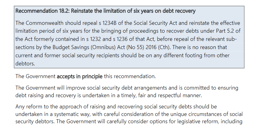 maximumwelfare's tweet photo. The Coalition made social security recipients exempt from the ordinary statutes of limitation on debt that apply to everyone else, it was a cornerstone of Robodebt.

The Royal Commission recommended this law be repealed, which would be simple.

Labor have ignored it for >3 years. https://t.co/nv0w6TMwAC