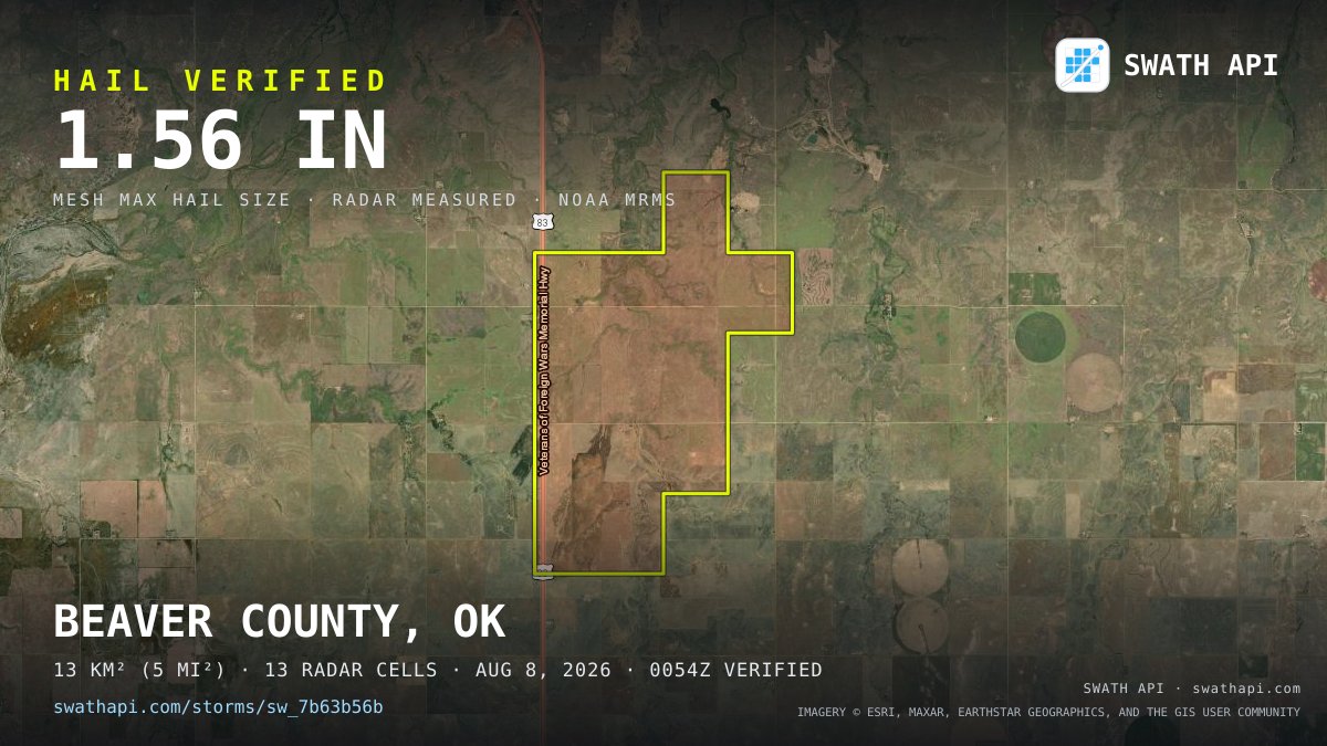 SwathAPI's tweet photo. ⚠ HAIL VERIFIED — Beaver County, OK
MESH max 1.56" · 13 km² · 00:54Z
Map + affected-property report:
https://t.co/99x9uhXlFP https://t.co/F903I6IQzT