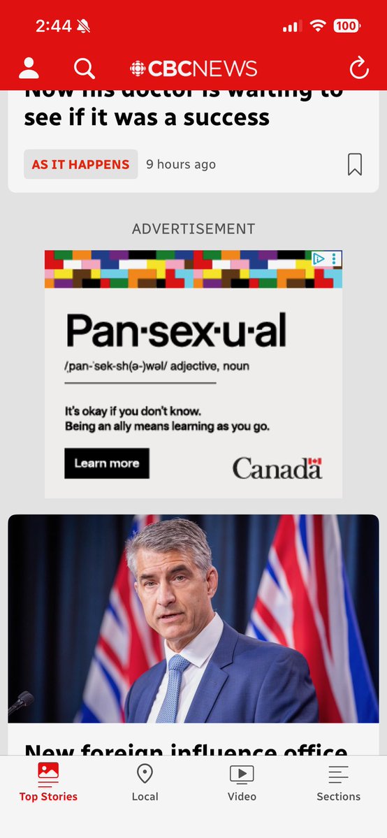 wyatt_claypool's tweet photo. What is the CBC and Canadian government doing?!?

My mother sent me these screenshots after she noticed them hanging over CBC News articles.

Carney is spending taxpayer dollars promoting pansexuality 🙄 https://t.co/bXulUI5dvd