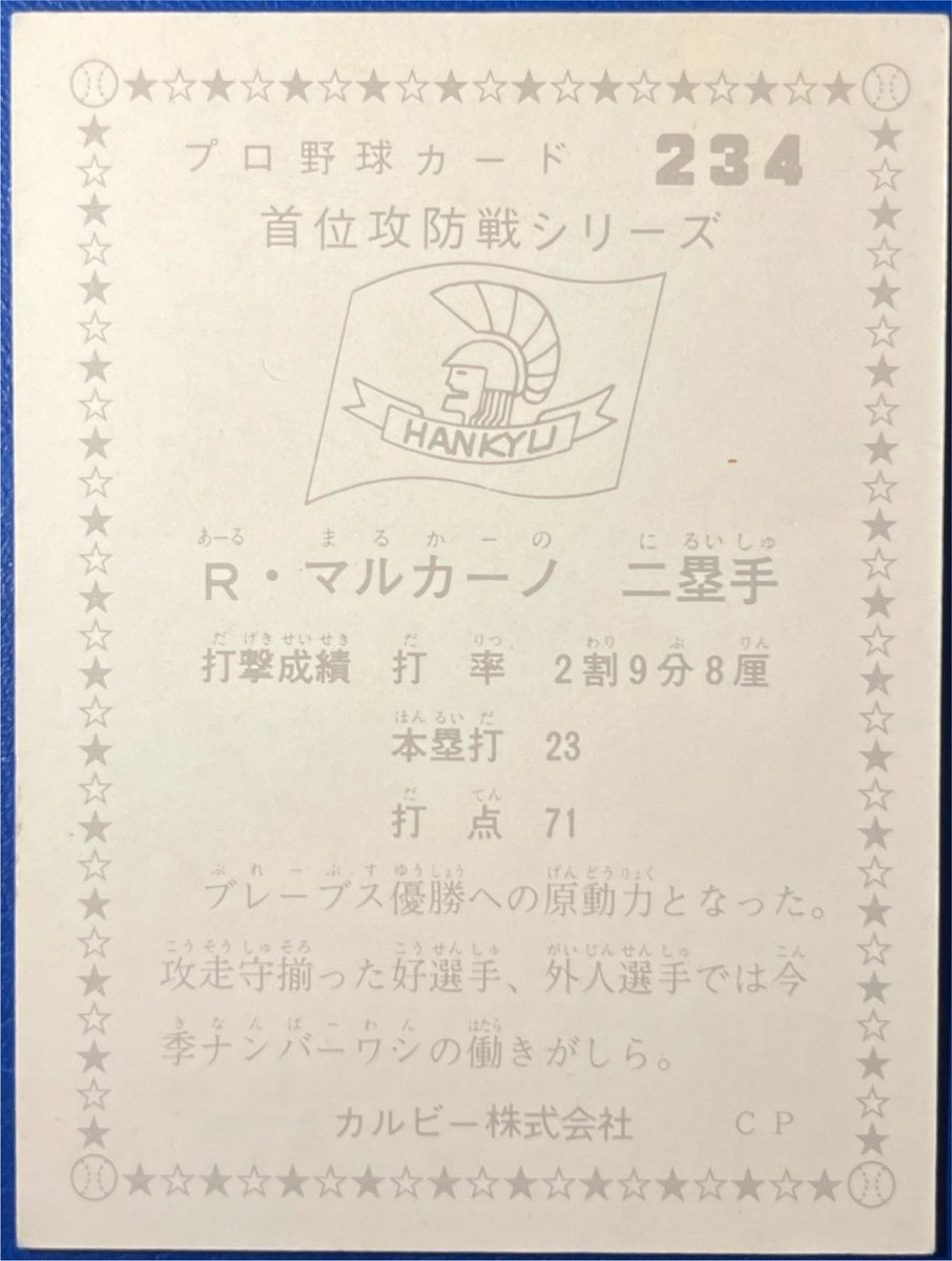 calbee1973oji's tweet photo. 1975 No.234
首位攻防戦シリーズ
R•マルカーノ(阪急)

#プロ野球チップス https://t.co/KTLUhU7Evx