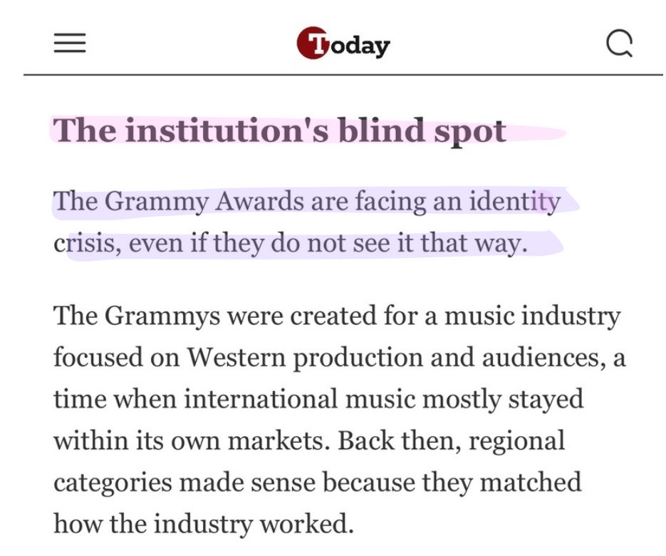 lemongukk's tweet photo. THE INSTITUTIONAL BLINDSPOT:

The @RecordingAcad are facing an identity crisis, even if they do not see it that way.

— "The Grammys were created for a music industry focused on Western production and audiences, a time when international music mostly stayed within its own markets. Back then, regional categories made sense because they matched how the industry worked."

— "That industry is gone. K-pop, Afrobeats, and reggaeton are not just regional successes looking for recognition; they are now mainstream, even though the Grammys still treat them as regional. Instead of broadening the idea of what is mainstream, the Grammys have just added more regional categories."

— "Having a Best Asian Pop category while Best Pop Album has no geographic label sends a message about hierarchy. Western pop competes without limits, while Asian pop is judged within its own region."

—Mason Jr. says the goal is to celebrate, not divide, but the structure matters more than the intent. The way the categories are set up shows what the institution really thinks is mainstream.

#ArthasnoAliens
