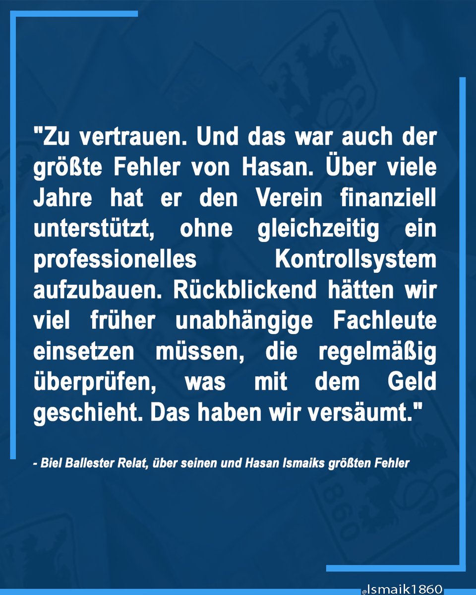 ismaik1860's tweet photo. "Zu vertrauen. Und das war auch der größte Fehler von Hasan. Über viele Jahre hat er den Verein finanziell unterstützt, ohne gleichzeitig ein professionelles Kontrollsystem aufzubauen. Rückblickend hätten wir viel früher unabhängige Fachleute einsetzen müssen, die regelmäßig überprüfen, was mit dem Geld geschieht. Das haben wir versäumt."

- Biel Ballester Relat, über seinen und Hasan Ismaiks größten Fehler

https://t.co/GwM10qoTPT