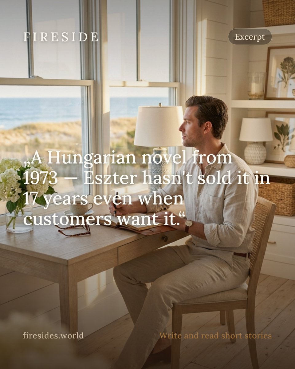 Firesides_world's tweet photo. „A Hungarian novel from 1973 — Eszter hasn't sold it in 17 years even when customers want it.“ — from “The Book That Stays”

https://t.co/7z8oofVklA

#shortstories #amreading https://t.co/VbfP8LoHCO
