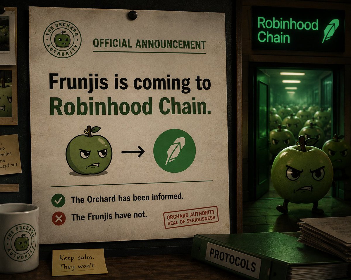 FrunjiHub's tweet photo. Frunjis is coming to Robinhood Chain. 🍏

The Orchard has been informed.

The Frunjis have not. https://t.co/xQMpkTG3Jf