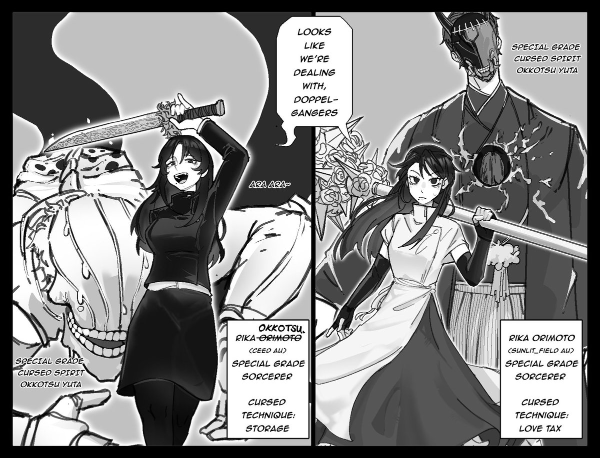 custardseeks's tweet photo. As promised

Old Rika Au Artworks (RIKAVERSE) Pt. 2

A fanart for @_7albi (made back in May)

While searching for ways to improve the Rika Au, I stumbled upon other renditions who were arguably much cooler than what I had in mind.

More context soon.

#jujutsukaisen #roleswapau https://t.co/qzRRwyenYQ