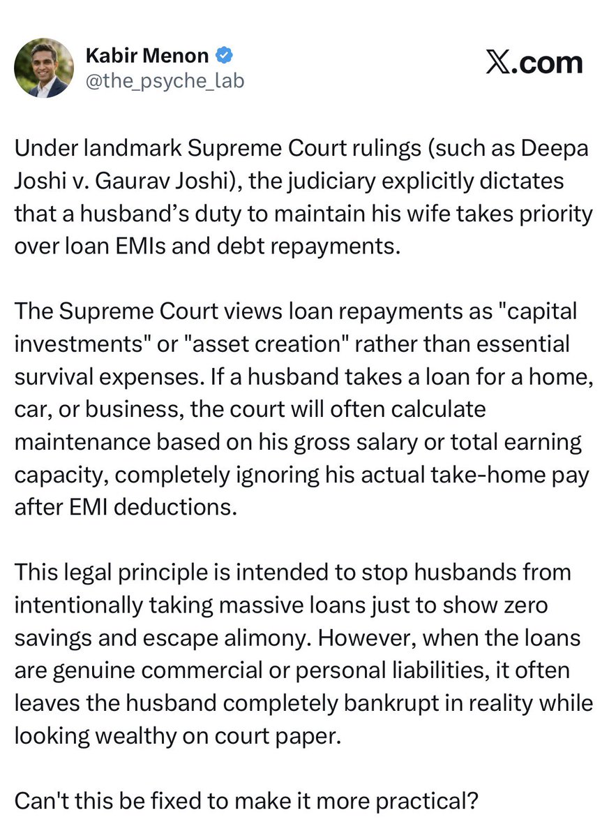 SamSiff's tweet photo. I have been repeatedly telling husbands—

Do not get lured by advocates who push you to take personal loans or home loans just to “show liabilities” and escape heavy maintenance.

Husbands fall for this foolish advice every day.

We have been saying this for years:
A home loan is not a liability in the eyes of the judge.

It is an investment.

A personal loan is a luxury you chose to take—
unless it was taken for a genuine criminal-level emergency.

Stop creating fake liabilities.

Judges see through it.