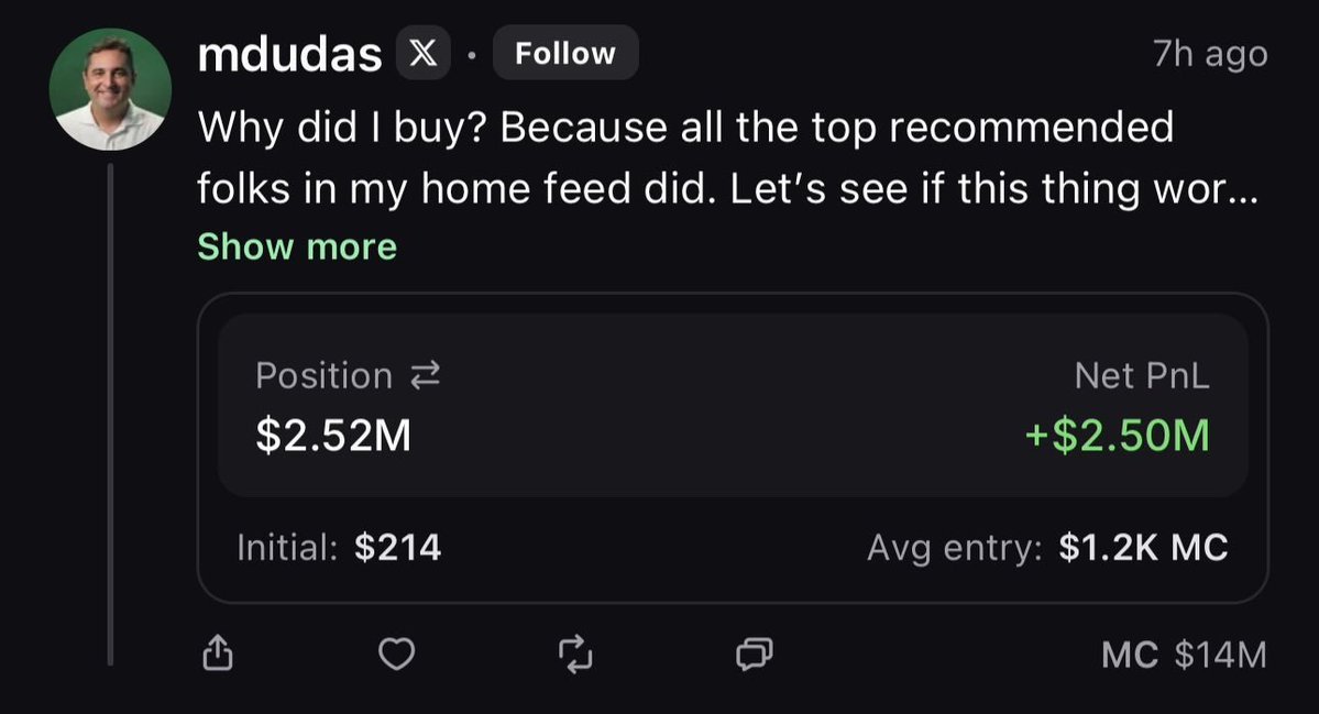 RagerrrYT's tweet photo. 🚨 This guy turned $200 into $2.2M+ with $TOAD

His reasoning for buying was:

“why did i buy? because all the top recommended folks in my home feed did”

His entry was at a $1.2K MC xddd.

At least memecoin season is coming back, and that’s important. We needed a little dopamine in this boring market.

Crime szn.