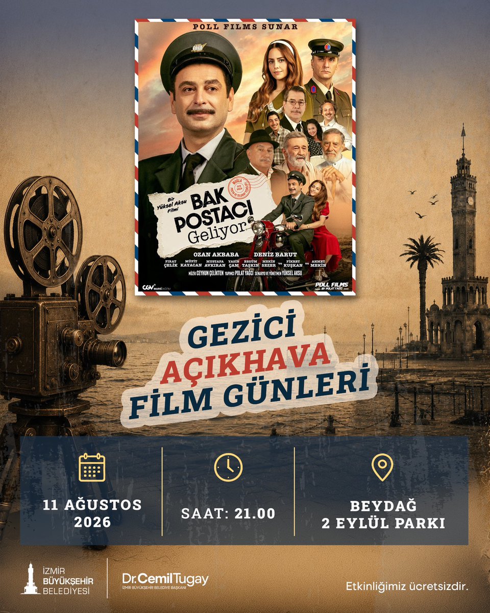 BeydagBld's tweet photo. İzmir Büyükşehir Belediyesi tarafından düzenlenen Gezici Açıkhava Film Günleri, “Bak Postacı Geliyor” filmiyle Beydağ’da 11 Ağustos Salı akşamı izleyicilerle buluşuyor. Açıkhava sineması nostaljisinin yaşanacağı ücretsiz film gösterimine tüm halkımız davetlidir. 🎬 https://t.co/PwLlX5J2ME
