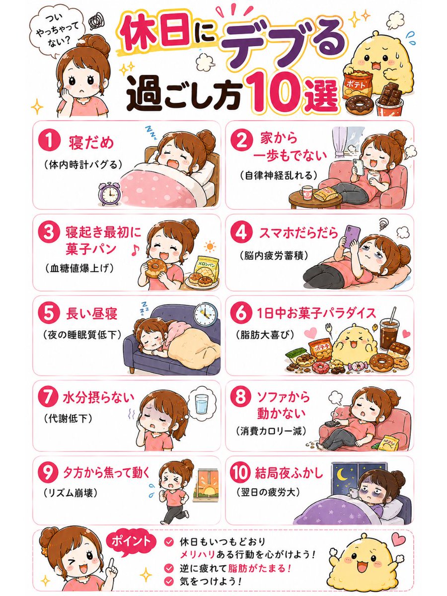 maiti_diet's tweet photo. 160㎝56㎏→49kg達成してわかったこと

ミートテック常時着用になる休日の過ごし方。この１０個に当てはまるものがあれば次の休日から見直せ。体内時計がバグり、自律神経も乱れ、脂肪が体中を巡る。ミートテック脱ぎたければこの習慣を改めよ↓ https://t.co/AKWgPZQ2li