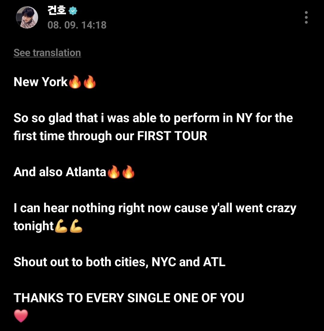 cortisinawvrse's tweet photo. [260809] WEVERSE POST

New York 🔥🔥

Aku seneng banget akhirnya bisa tampil di New York buat pertama kalinya lewat FIRST TOUR kami

Dan juga Atlanta 🔥🔥

Aku sampe sekarang pun ga bisa denger apa-apa karna kalian tadi malam bener-bener menggila 💪💪

Shout out buat kedua kota, NYC dan ATL

THANKS TO EVERY SINGLE ONE OF YOU ❤️

#CORTIS #코르티스 #KEONHO #건호 #GREENGREEN
🐼